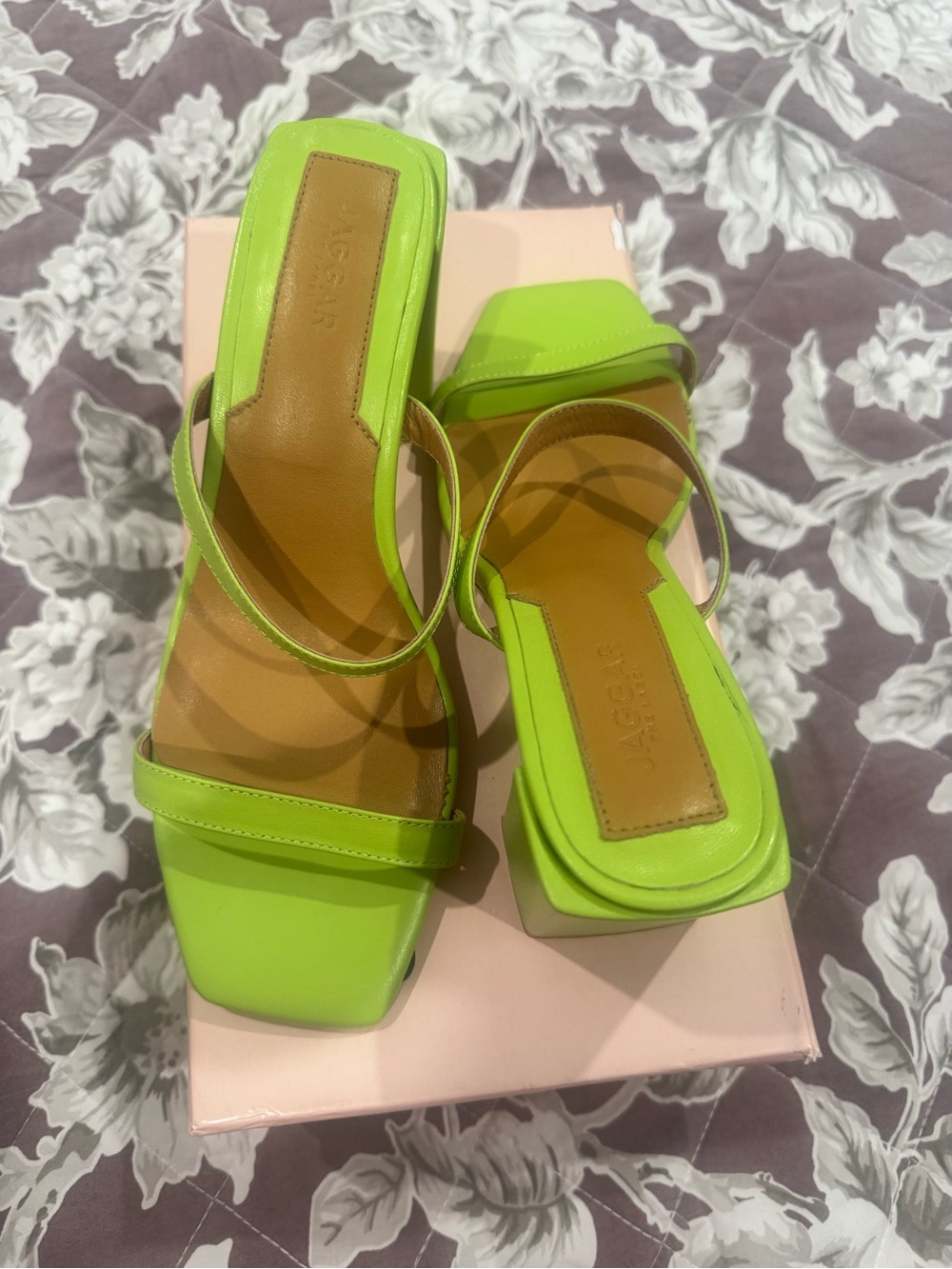 Square-Toe Lime Green Strappy Heeled Sandals